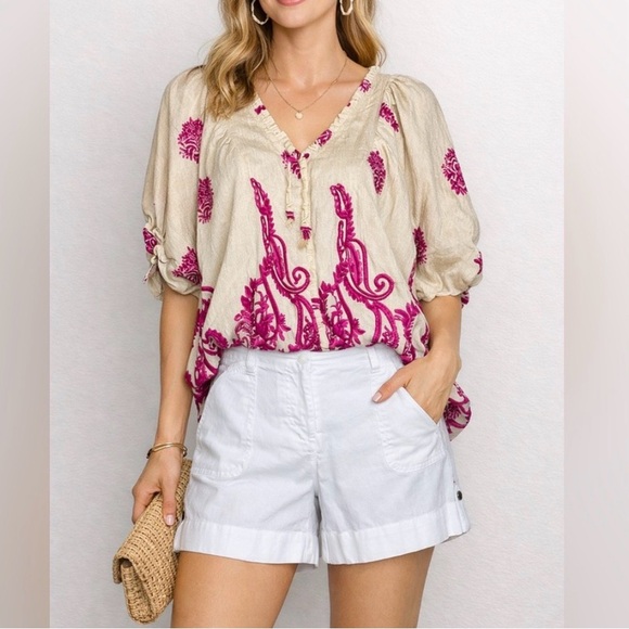 Gigio Tops - Relaxed Cream and Pink Oversized Short Sleeve Blouse
